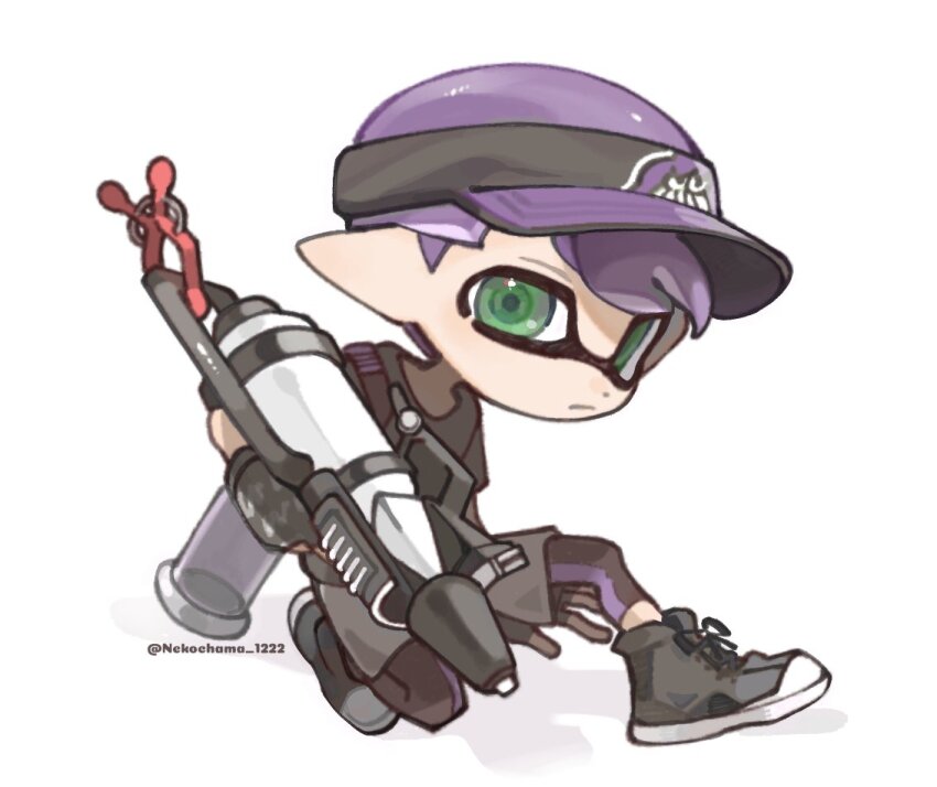 1boy closed_mouth commission cross-laced_footwear green_eyes grey_footwear grey_shorts gun holding holding_gun holding_weapon ink_tank_(splatoon) inkling inkling_boy inkling_player_character leggings_under_shorts nintendo pointy_ears print_headwear purple_hair shadow shoes short_hair shorts simple_background sitting solo spl8ya splatoon_(series) splatoon_2 splattershot_pro_(splatoon) tentacle_hair visor_cap weapon white_background