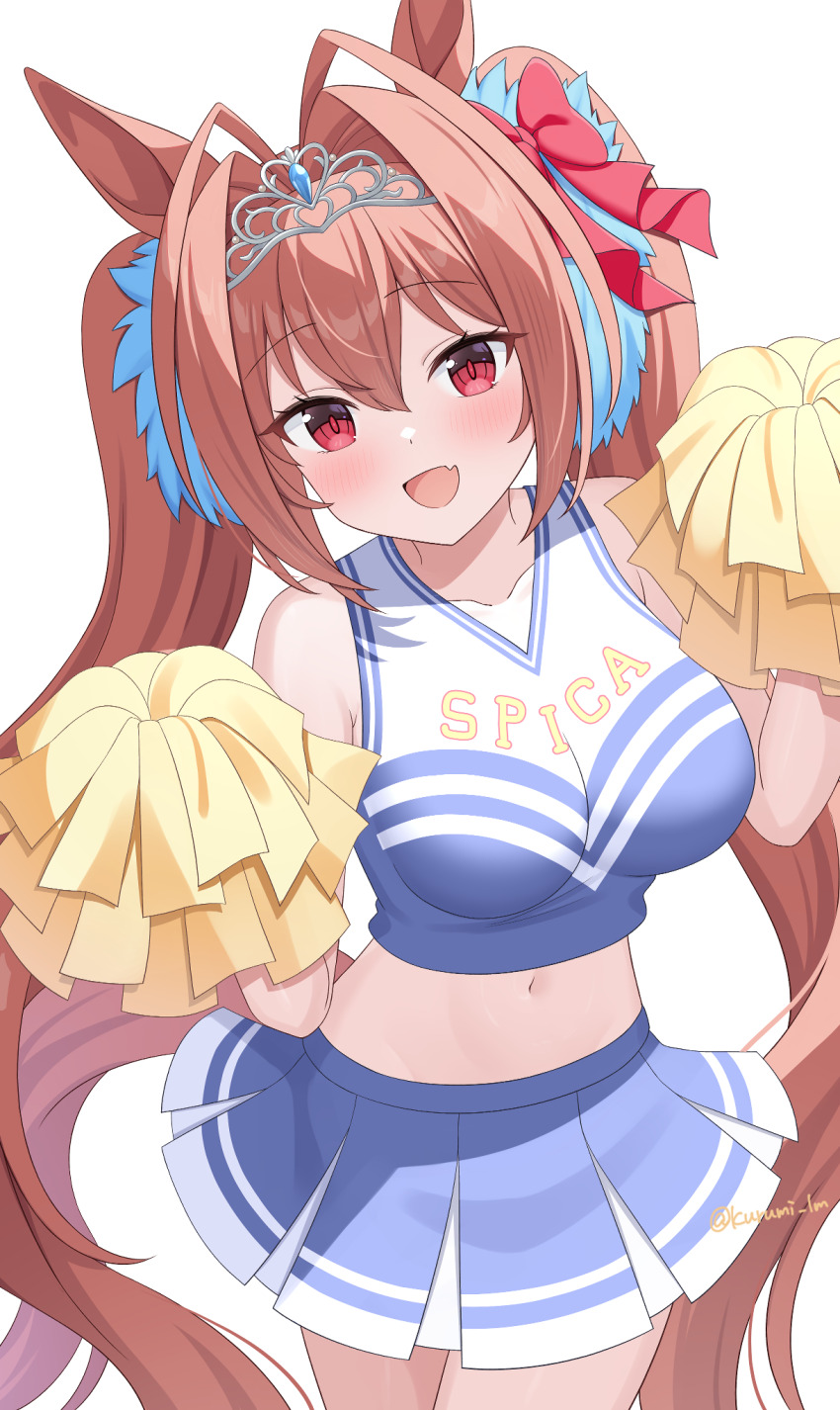 animal_ears breasts brown_hair cheerleader commentary crop_top crop_top_overhang daiwa_scarlet_(umamusume) hair_ornament hair_ribbon highres holding holding_pom_poms horse_ears horse_girl horse_tail kurumi_lm large_breasts long_hair midriff miniskirt navel pleated_skirt pom_pom_(cheerleading) pom_poms red_eyes ribbon simple_background skirt smile sticker_on_face tail tiara twintails umamusume very_long_hair white_background