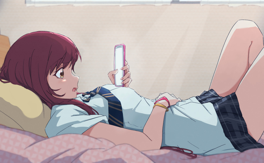 1girl bare_legs black_skirt bracelet breasts cellphone commentary_request highres holding holding_phone idolmaster idolmaster_shiny_colors indoors ito_(itokayu) jewelry knees_up looking_at_phone lying medium_breasts necktie on_back osaki_amana phone plaid_clothes plaid_skirt profile red_hair school_uniform shirt skirt solo striped_necktie white_shirt