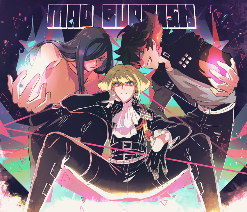 3boys ascot bae_(baebae) biker_clothes blue_fire blue_hair fire green_hair gueira jacket leather leather_jacket lio_fotia long_hair mad_burnish male_focus meis_(promare) multicolored_hair multiple_boys promare purple_fire pyrokinesis red_hair sitting spread_legs two-tone_hair