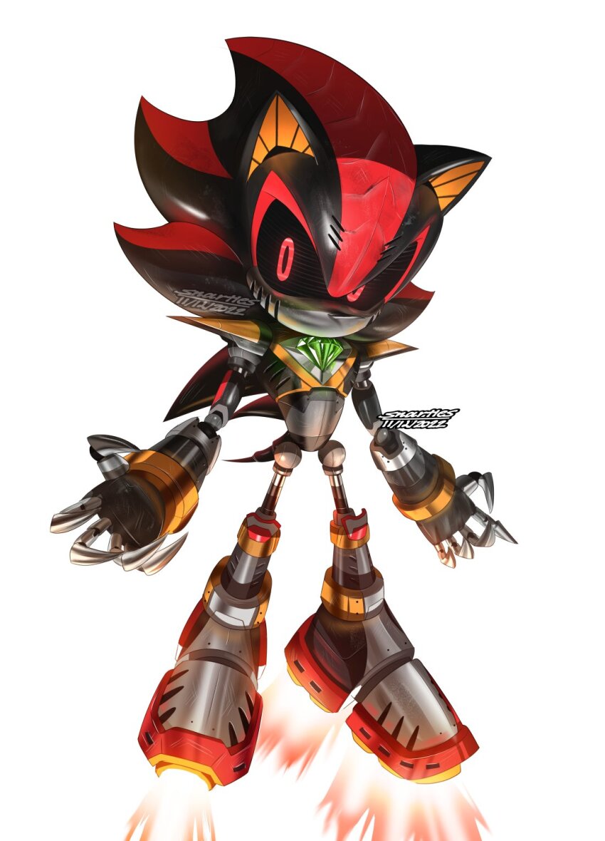 1boy claws commentary highres looking_at_viewer mechanization red_eyes red_footwear robot shadow_the_hedgehog snartles solo sonic_(series) white_background