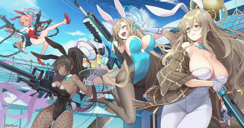 4girls akane_(blue_archive) akane_(bunny)_(blue_archive) animal_ears aqua_bow aqua_bowtie aqua_leotard assault_rifle asuna_(blue_archive) asuna_(bunny)_(blue_archive) asymmetrical_bangs black-framed_eyewear black_hair black_leotard blue_archive blue_bow blue_bowtie blue_eyes blue_leotard blue_sky bolt_action bow bowtie boys_anti_tank_rifle breasts brown_eyes brown_scarf brown_shawl bullpup chain cleaning_&amp;_clearing_(blue_archive) cleavage cloud dark-skinned_female dark_skin detached_collar dual_wielding fake_animal_ears famas fishnet_pantyhose fishnets glasses gloves gun halo handgun hibi_tsuna high_heels highres holding holding_gun holding_weapon karin_(blue_archive) karin_(bunny)_(blue_archive) large_breasts leotard light_brown_hair long_bangs long_hair mole mole_on_breast multiple_girls neru_(blue_archive) neru_(bunny)_(blue_archive) number_tattoo official_alternate_costume orange_hair pantyhose plaid_clothes plaid_shawl playboy_bunny rabbit_ears rabbit_tail red_eyes rifle scarf shawl sig_mpx sky strapless strapless_leotard submachine_gun suppressor tail tattoo thighband_pantyhose traditional_bowtie v weapon welrod white_gloves white_leotard white_pantyhose yellow_eyes