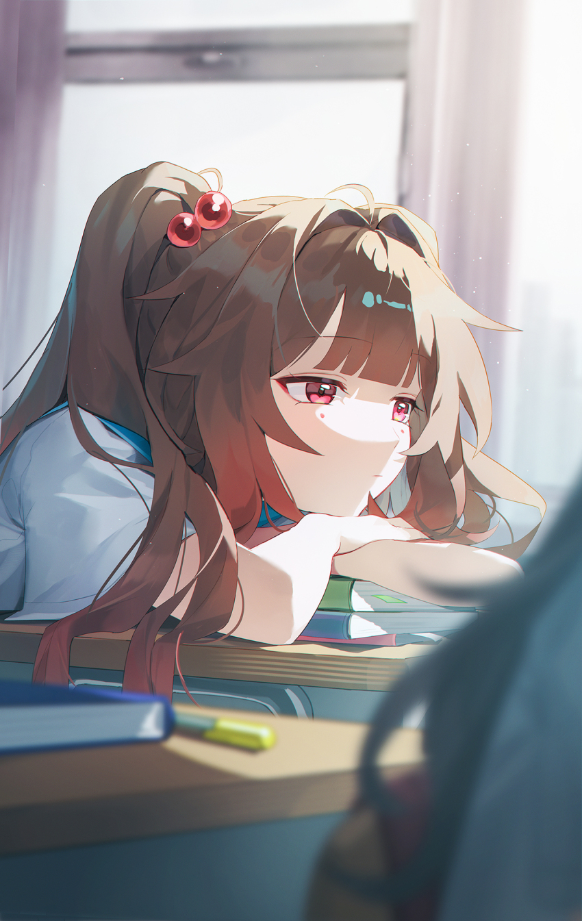 1girl blurry book book_stack brown_hair classroom closed_mouth commentary depth_of_field hair_bobbles hair_intakes hair_ornament highres honkai:_star_rail honkai_(series) indoors looking_to_the_side mole mole_under_each_eye mole_under_eye multiple_moles red_eyes shirt solo_focus sparkle_(honkai:_star_rail) twintails white_shirt yanjem