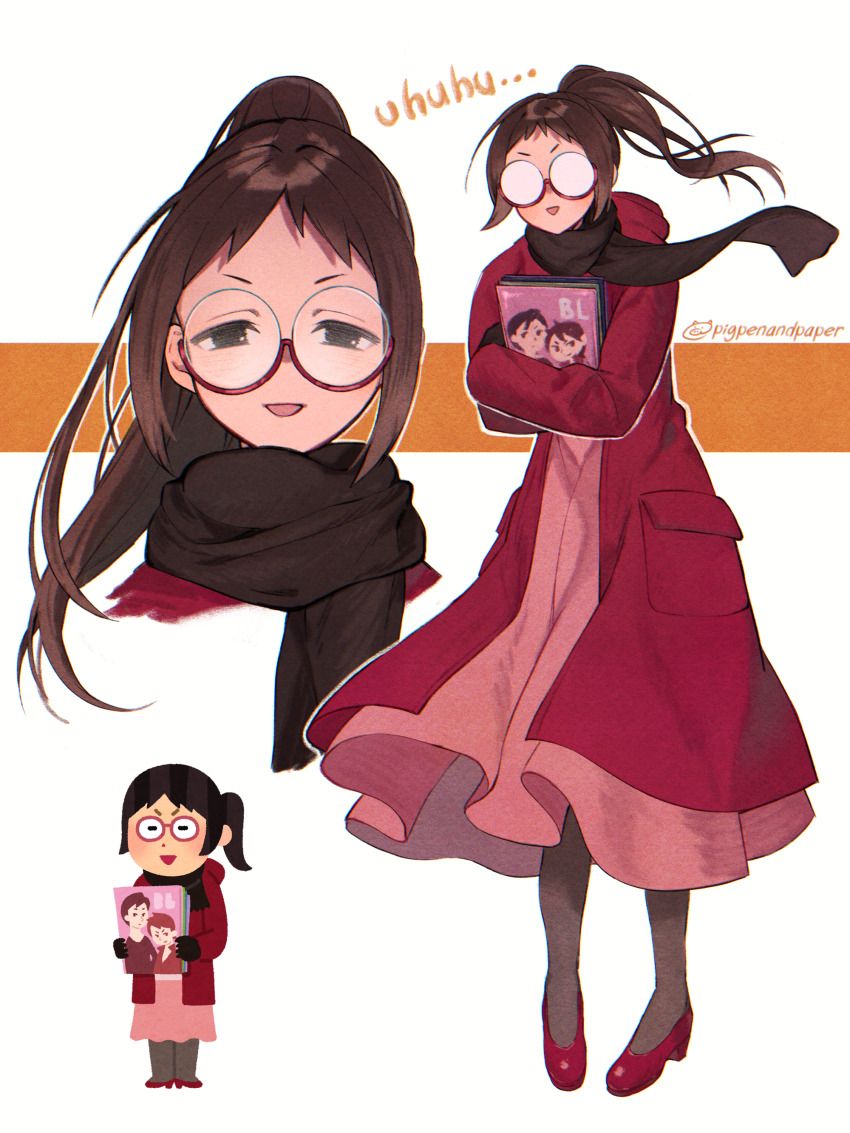 1girl :&gt; :d absurdres black_hair black_scarf brown_hair commentary_request fujoshi glasses grey_pantyhose high-waist_skirt highres hood hood_down hooded_jacket hugging_object irasutoya irasutoya_challenge jacket multiple_views numbers_(pigpenandpaper) opaque_glasses open_clothes open_jacket open_mouth orange_background pantyhose pink_skirt ponytail pornography red-framed_eyewear red_footwear red_jacket round_eyewear scarf semi-rimless_eyewear shoes skirt smile triangle_mouth twitter_username two-tone_background under-rim_eyewear v-shaped_eyebrows white_background yaoi_(object)