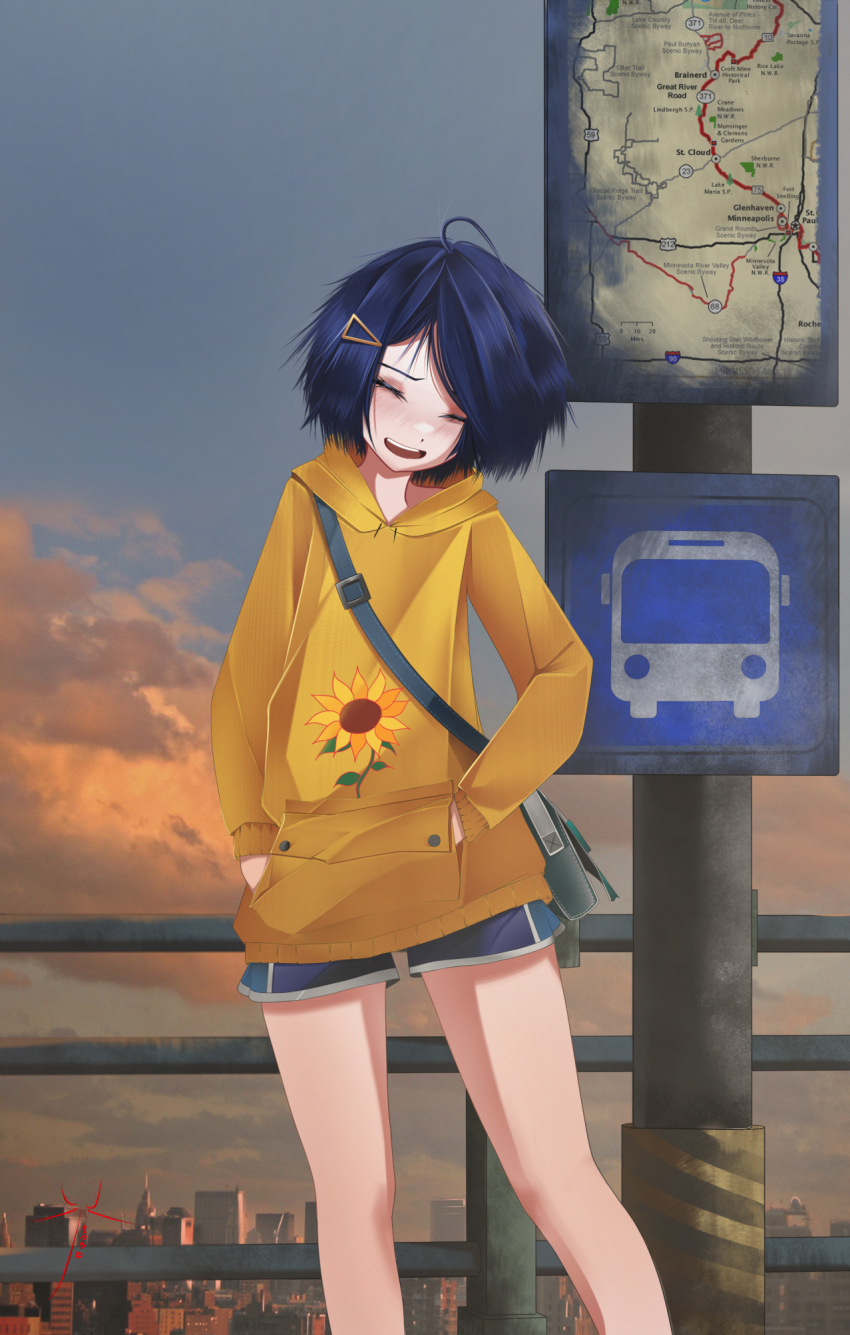 1girl artist_name bag blue_hair bus_stop_sign flower hair_ornament hairclip handbag highres map matsuro_a ooto_ai open_mouth short_hair shorts signature sunflower teeth upper_teeth_only wonder_egg_priority