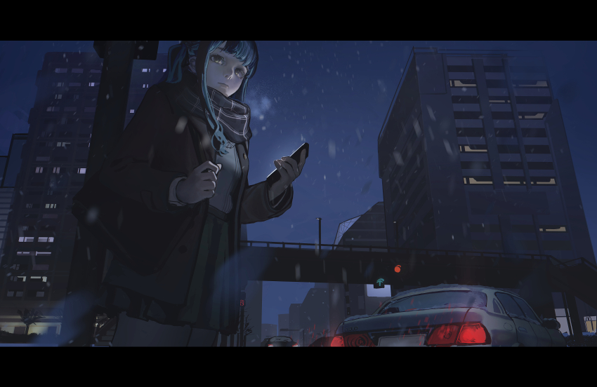 1girl absurdres bag bang_dream! bang_dream!_it&#039;s_mygo!!!!! blue_hair bridge car cellphone closed_mouth cloud_nine_(798392138) commentary green_skirt highres holding holding_phone jacket letterboxed long_hair motor_vehicle open_clothes open_jacket outdoors pedestrian_bridge phone shoulder_bag sidelocks skirt smartphone snow solo togawa_sakiko traffic_light winter yellow_eyes