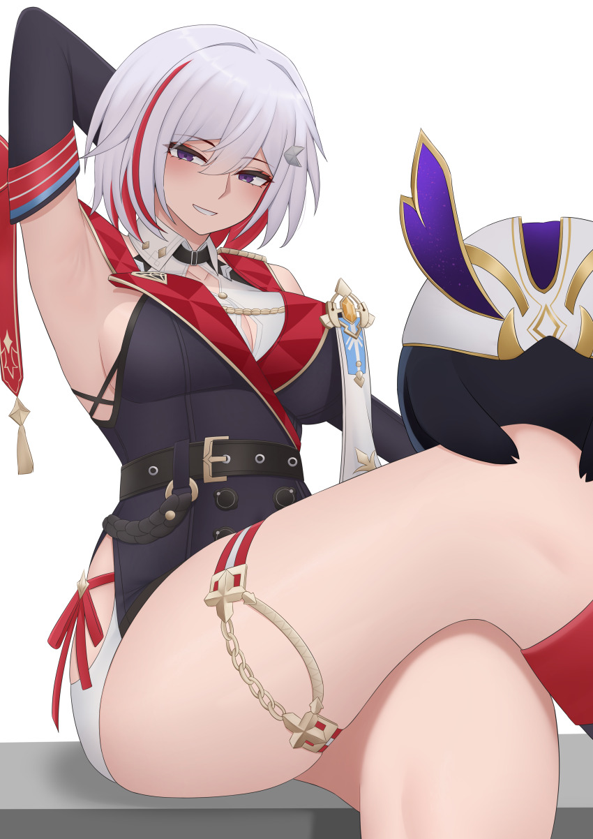 1girl absurdres arm_up armpits bare_shoulders belt black_belt breasts cleavage crossed_legs exy_exii grin highres honkai:_star_rail honkai_(series) large_breasts looking_at_viewer multicolored_hair numby_(honkai:_star_rail) purple_eyes red_hair short_hair sitting smile streaked_hair thighs topaz_(honkai:_star_rail) trotter_(honkai:_star_rail) white_background white_hair