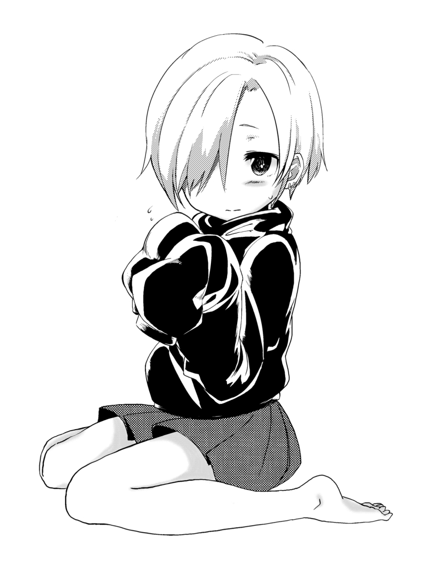 10s 1girl aibu_yue barefoot blush female_focus greyscale hair_over_one_eye highres idolmaster idolmaster_cinderella_girls monochrome shirasaka_koume short_hair sitting skirt solo sweater