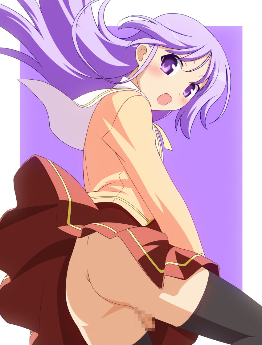 1boy absurdres ass black_thighhighs blush border censored commentary_request commission cowboy_shot curakuru floating_hair happiness! highres long_hair looking_at_viewer looking_back male_focus miniskirt mosaic_censoring neck_ribbon no_panties open_mouth outside_border penis purple_background purple_eyes purple_hair red_skirt ribbon sailor_collar school_uniform serafuku shirt sidelocks simple_background skeb_commission skirt small_penis solo thighhighs trap upskirt watarase_jun white_border white_sailor_collar yellow_ribbon yellow_shirt