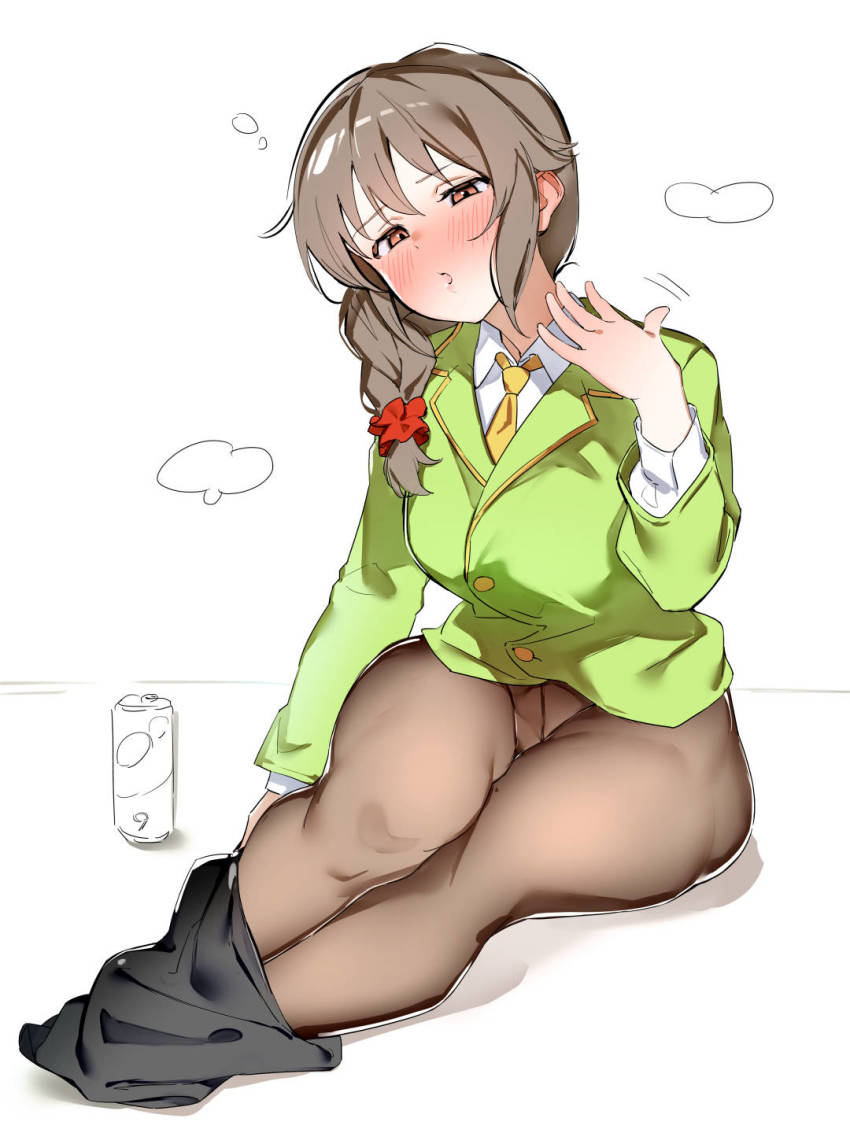 1girl blazer blouse blush braid breasts brown_eyes brown_hair brown_pantyhose collared_shirt drunk ear_blush fanning fanning_self green_jacket hair_ornament hair_over_shoulder hair_scrunchie head_tilt highres hot idolmaster idolmaster_cinderella_girls jacket karan long_sleeves looking_down medium_breasts necktie no_pants open_mouth pantyhose scrunchie see-through_clothes see-through_legwear senkawa_chihiro shirt sidelocks single_braid sitting sketch skirt unworn_skirt solo thighs undressing waving white_background white_shirt wing_collar yellow_necktie