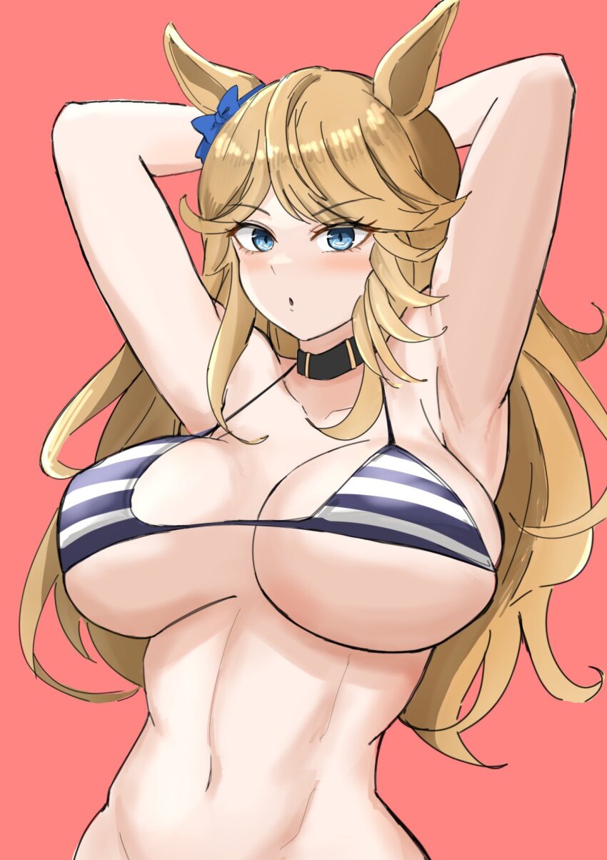 1girl animal_ears armpits arms_up bikini blonde_hair blue_bow blue_eyes bow breasts chestnut_mouth cleavage ear_ornament gold_city_(umamusume) highres horse_ears horse_girl large_breasts long_hair miya_nns35 navel pink_background simple_background solo stomach striped_bikini striped_clothes swimsuit umamusume