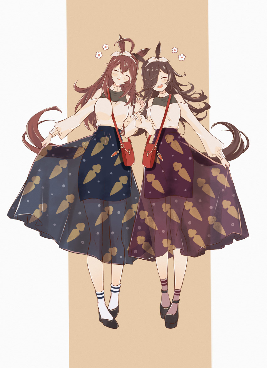 2girls absurdres animal_ears bag between_breasts black_footwear bow_hairband breasts brown_hair clothes_lift conconcon1031 full_body hair_over_one_eye hairband handbag highres horse_ears horse_girl horse_tail long_hair long_sleeves mihono_bourbon_(umamusume) multiple_girls puffy_long_sleeves puffy_sleeves rice_shower_(umamusume) skirt skirt_hold skirt_lift socks strap_between_breasts sweater tail umamusume white_legwear white_sweater