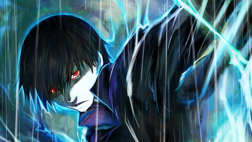 1boy black_hair darker_than_black doraeshi glowing glowing_eyes hei_(darker_than_black) highres male_focus rain red_eyes serious solo water_drop