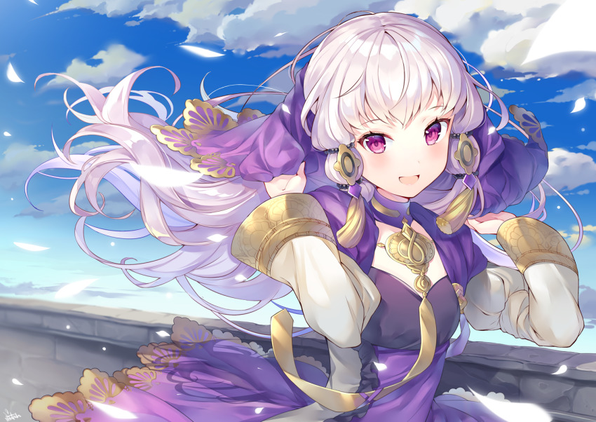 1girl arms_up blue_sky blush cloud commentary_request day detached_collar dress fire_emblem fire_emblem:_three_houses floating_hair frilled_dress frills long_hair long_sleeves looking_at_viewer lysithea_von_ordelia nintendo outdoors petals purple_dress purple_eyes ringozaka_mariko sidelocks signature silver_hair sky solo tassel upper_body veil very_long_hair wins