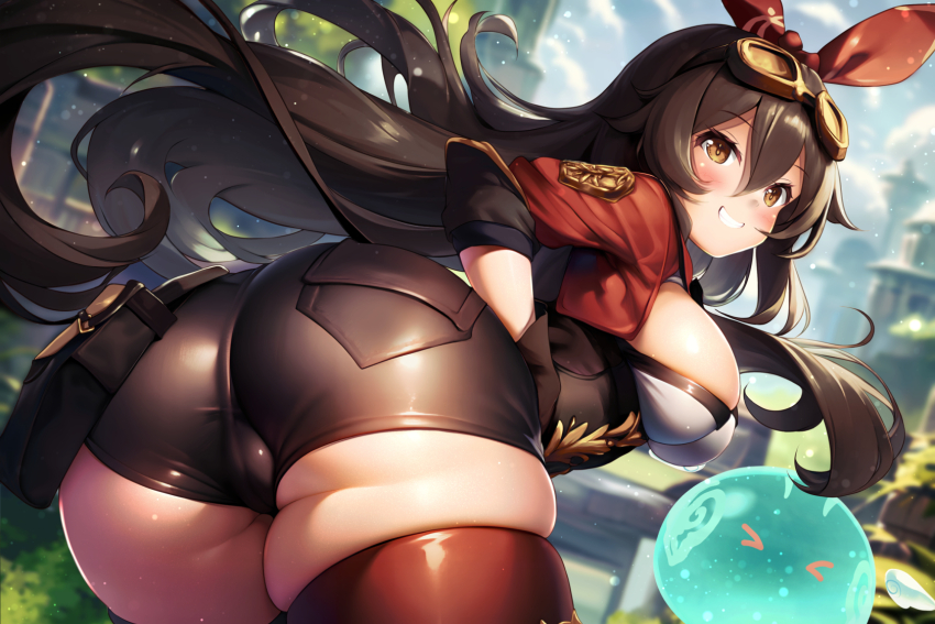 &gt;_&lt; 1girl 1other amber_(genshin_impact) ass ass_focus bent_over blush bow bow_hairband breasts brown_eyes brown_gloves brown_hair building cameltoe cleavage_cutout clothing_cutout cloud cloudy_sky cowboy_shot dutch_angle eyebrows female_focus from_behind genshin_impact gloves gluteal_fold goggles goggles_on_head grin hair_between_eyes hairband hand_on_own_hip highres huge_ass impossible_clothes jacket leaning_forward long_hair long_sleeves looking_to_the_side medium_breasts micro_shorts outdoors pocket pouch red_bow red_jacket ruins shin&#039;ya_natsuki shiny_clothes shiny_skin short_shirts shorts shrug_(clothing) sideboob skin_tight skindentation sky slime_(creature) slime_(genshin_impact) smile solo_focus taut_clothes teeth thick_thighs thighhighs thighs