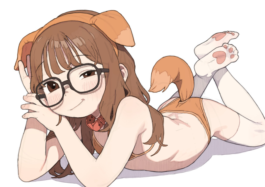 1girl animal_ears belt_collar bikini black-framed_eyewear brown_eyes brown_hair collar commentary dog_ears dog_tail english_commentary fake_animal_ears fake_tail feet_up flat_chest glasses half-closed_eye highres long_hair looking_at_viewer lying mixed-language_commentary on_stomach orange_bikini original paw_print_soles possummachine red_collar simple_background solo swimsuit tail the_pose thighhighs white_background white_thighhighs