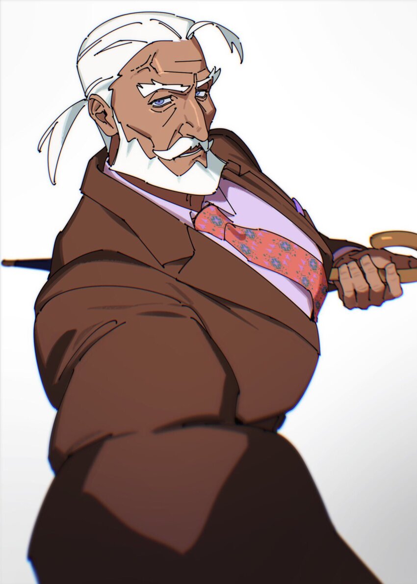 antenna_hair beard blue_eyes brown_suit cane chinstrap_beard dark-skinned_male dark_skin facial_hair formal_clothes highres holding holding_cane jp_(street_fighter) looking_at_viewer male_focus mature_male muscular muscular_male mustache necktie old old_man open_mouth ponytail purple_shirt red_necktie sa1k0p shirt short_hair simple_background street_fighter street_fighter_6 suit white_hair