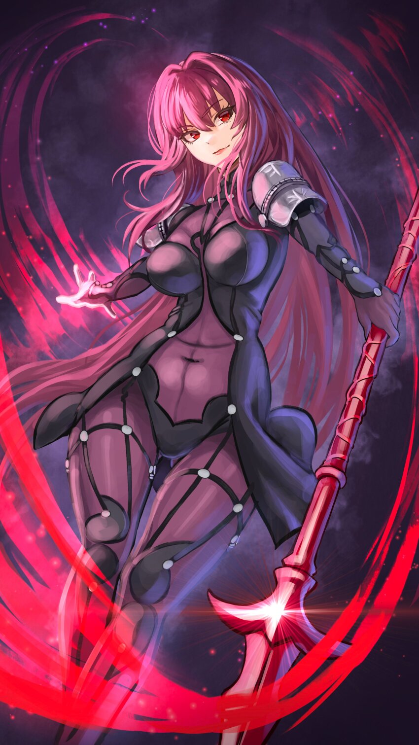 1girl absurdres armor bodysuit closed_mouth commentary_request fate/grand_order fate_(series) floating_hair gae_bolg_(fate) gloves hair_between_eyes hair_intakes highres holding holding_polearm holding_weapon lips long_hair looking_at_viewer pauldrons pink_lips polearm purple_bodysuit purple_gloves red_eyes scathach_(fate) shibao_aoyama shoulder_armor smile solo spear thighs very_long_hair weapon