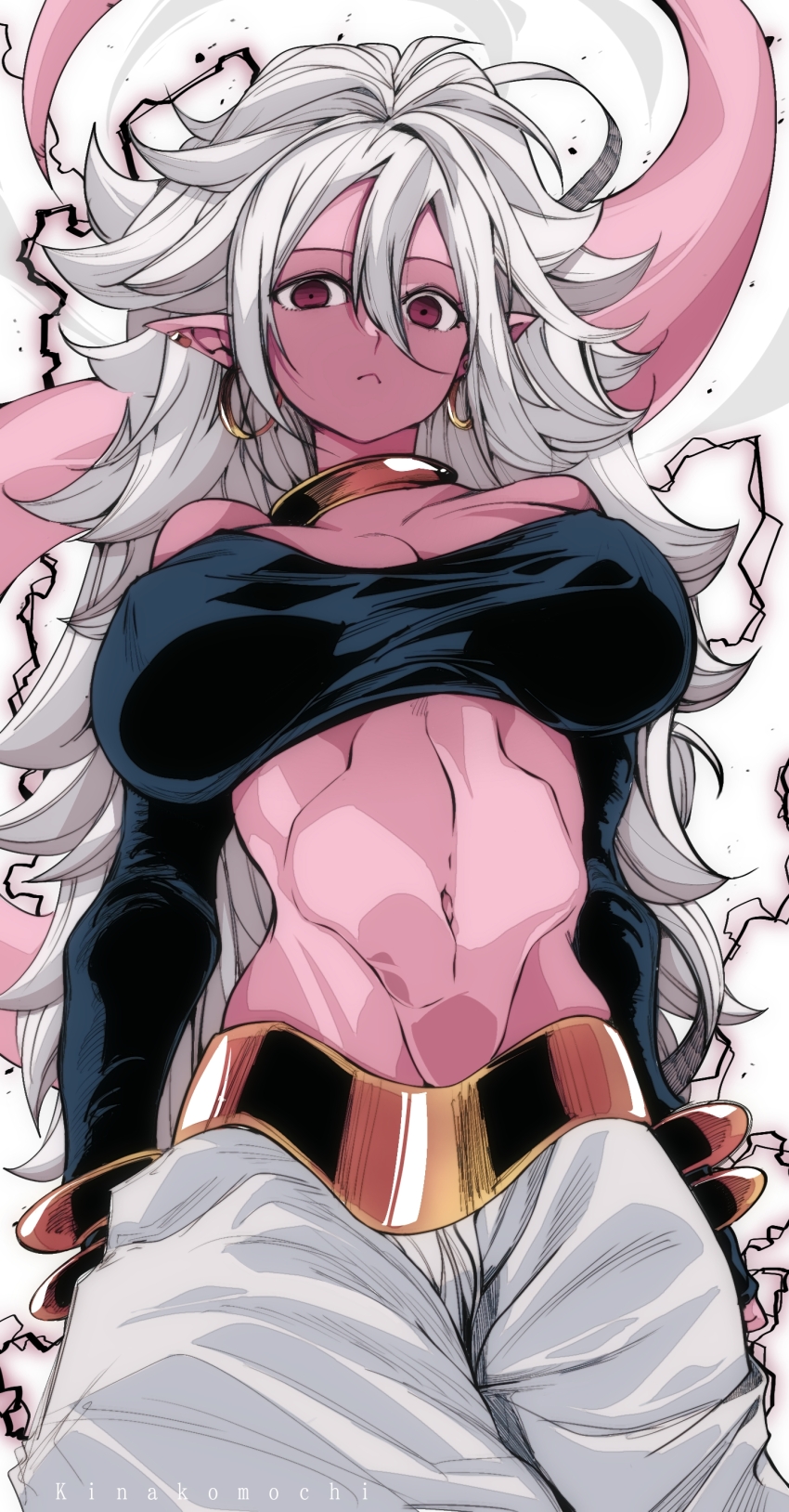 1girl absurdres android_21 artist_name big_hair black_lightning black_tube_top bracelet breasts choker colored_skin commentary_request cowboy_shot dragon_ball dragon_ball_fighterz earrings gold_bracelet gold_choker harem_pants highres hoop_earrings jewelry kinakomochi_(user_vedc2333) long_hair looking_at_viewer majin_android_21 navel pants pink_skin pointy_ears strapless tail tube_top white_background white_hair