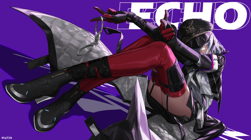 absurdres belt boots cuffs echo_(punishing:_gray_raven) finger_gun garter_straps gloves handcuffs hat head_tilt highres jacket looking_at_viewer necktie one_eye_covered police punishing:_gray_raven purple_hair sitting wu_lun_wujin