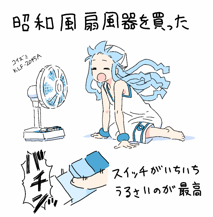 1girl anbe_masahiro bare_shoulders barefoot blue_hair blue_trim bracelet child dress electric_fan hands_on_ground hat ikamusume jewelry no_nose official_art on_floor prehensile_hair seiza shinryaku!_ikamusume sitting squid_girl squid_hat tentacle_hair tentacles translation_request white_dress