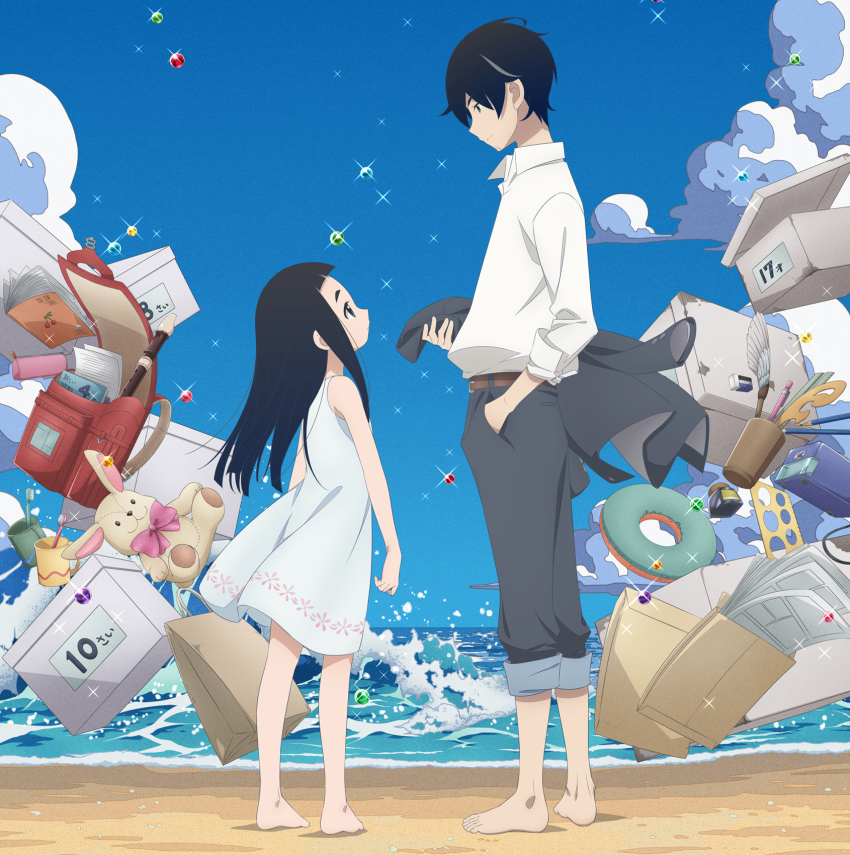 1boy 1girl backpack bag barefoot beach belt black_hair blue_sky blunt_bangs box cardboard_box cloud cup day dress envelope father_and_daughter flute formal_clothes full_body goto_hime goto_kakushi highres hime_cut inkwell innertube instrument kakushigoto key_visual long_hair looking_at_another marble_(toy) mug notebook ocean official_art outdoors paper paper_bag pen promotional_art randoseru recorder shirt short_hair sky sleeveless sleeveless_dress sparkle stuffed_animal stuffed_toy suit sundress swim_ring toothbrush waves white_shirt