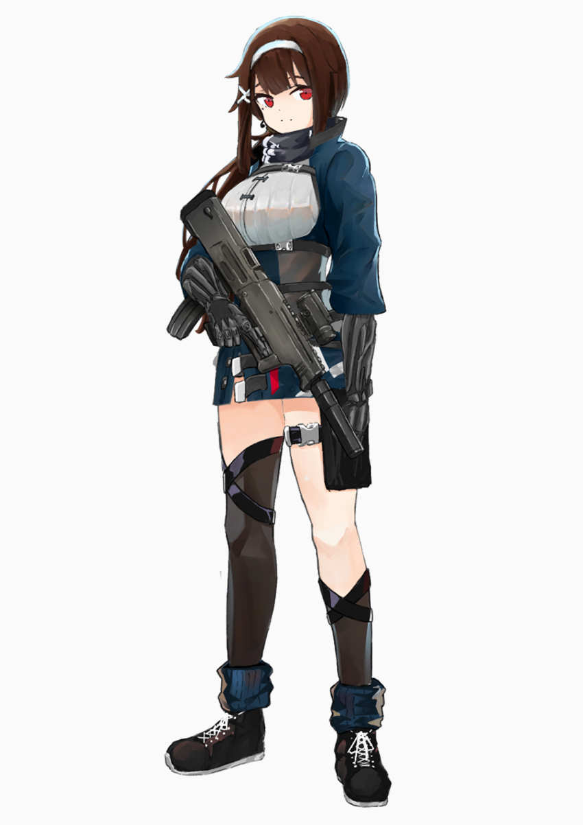 1girl blue_jacket breasts brown_hair bullpup full_body girls&#039;_frontline gun hair_between_eyes hairband hanabusaraleigh highres holding holding_gun holding_weapon jacket js_9_(girls&#039;_frontline) js_9_mm long_hair looking_at_viewer mechanical_arms mole mole_under_eye red_eyes sidelocks skirt standing submachine_gun suppressor weapon white_hairband