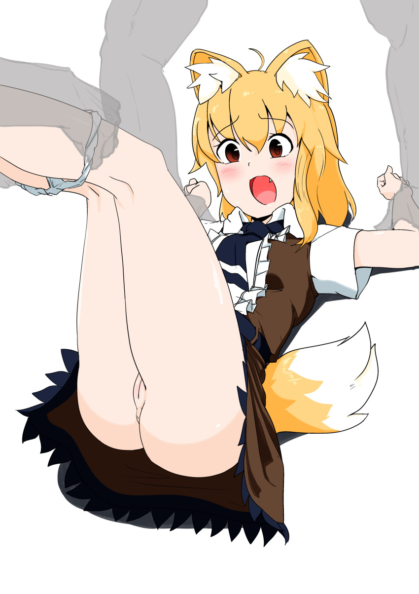 1girl 2boys absurdres ahoge animal_ear_fluff animal_ears anus ascot ass assisted_rape asymmetrical_hair belt black_ascot black_belt blonde_hair blush breasts brown_dress collared_shirt commentary_request cookie_(touhou) dress fang feet_out_of_frame fox_ears fox_girl fox_tail frilled_dress frills highres medium_hair miramikaru_riran multiple_boys open_mouth panties panty_pull pinafore_dress pussy remote_controller_4 restrained shirt short_sleeves simple_background single_sidelock sleeveless sleeveless_dress small_breasts solo_focus tail uncensored underwear white_background white_panties white_shirt