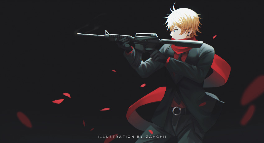 1boy artist_name belt black_background black_gloves black_jacket black_pants blue_eyes earrings english_text falling_petals formal_clothes genshin_impact gloves gun highres holding holding_gun holding_weapon jack jacket jewelry male_focus necktie orange_hair pants petals red_scarf red_shirt rose_petals scarf shirt short_hair simple_background solo suit tartaglia_(genshin_impact) weapon zahchii_(airiakasaki)