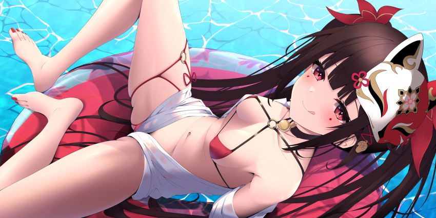 1girl absurdres afloat arms_behind_back bare_legs bare_shoulders barefoot bikini black_hair breasts floating floating_object fox_mask highres honkai:_star_rail honkai_(series) long_hair looking_at_viewer mask mask_on_head micro_bikini nail_polish navel open_clothes open_shirt red_bikini red_eyes shirt small_breasts smile solo sparkle_(honkai:_star_rail) stomach swimsuit tetori_(tetolisto) toenail_polish toenails tongue tongue_out twintails water white_shirt