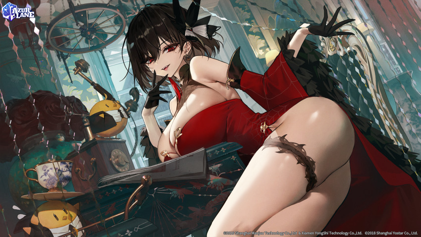 1girl antique_phone ass azur_lane black_gloves black_hair black_ribbon breasts chien_wu_(azur_lane) cleavage commentary copyright_name cup detached_sleeves dress earrings english_commentary fangs feet_out_of_frame frilled_sleeves frills gloves hair_between_eyes hair_ribbon half_gloves hand_to_own_mouth highres jewelry large_breasts loaded_interior logo looking_at_viewer manjuu_(azur_lane) mismatched_earrings mole mole_under_eye official_art ongdal2 open_mouth red_dress red_eyes ribbon second-party_source short_dress short_hair side_slit sitting skindentation smile solo tassel tassel_earrings teacup thigh_strap watermark wheel wide_sleeves