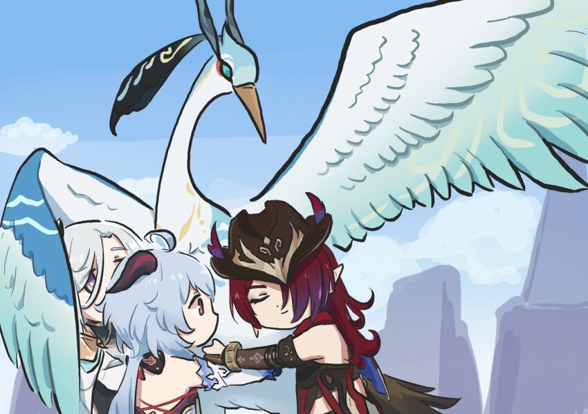 ahoge animal bird blue_hair chasca_(genshin_impact) cloud_retainer_(genshin_impact) crane_(animal) ganyu_(genshin_impact) ganyu_(qilin)_(genshin_impact) genshin_impact gloves hair_ornament horns long_hair mihoyo multiple_girls pointy_ears shenhe_(genshin_impact) xianyun_(genshin_impact) xinzoruo