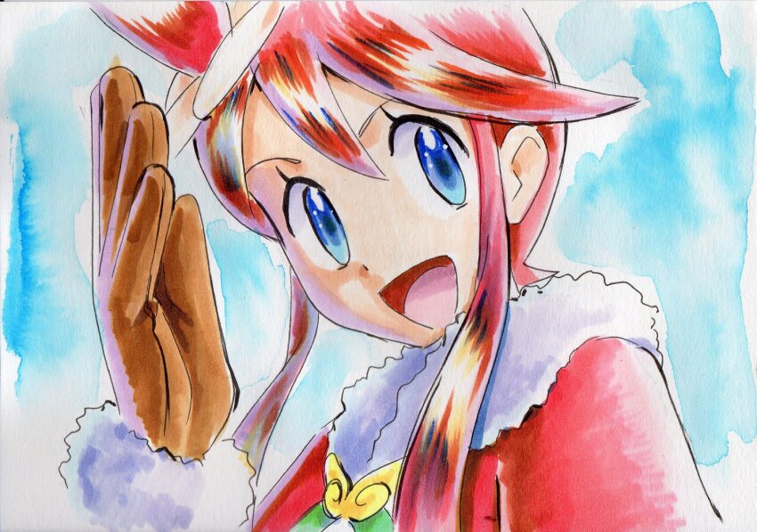 1girl blue_background blue_eyes brown_gloves creatures_(company) dress game_freak gloves hand_up iwane_masaaki looking_at_viewer nintendo official_alternate_costume open_mouth pokemon pokemon_masters_ex red_hair santa_costume santa_dress skyla_(holiday_2020)_(pokemon) skyla_(pokemon) smile solo upper_body