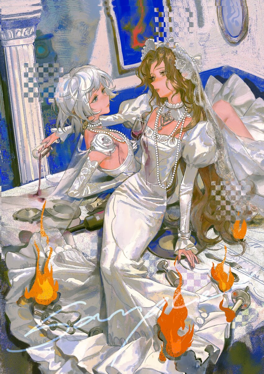 2girls arm_on_another&#039;s_shoulder arm_support blue_eyes blush bottle bow brown_eyes candelabra candle candlestand cape collar column cup curly_hair curtained_hair detached_collar dress drinking_glass elbow_gloves embroidery eye_contact female_focus fire from_above gloves half-closed_eyes highres impasto indoors jewelry leaning_on_person light_brown_hair long_dress long_hair long_sleeves looking_at_another mixed_media multiple_girls necklace original painting_(medium) parted_lips pearl_necklace pendant pillar plate puffy_sleeves reclining sad sample_watermark see-through_cape sitting sitting_on_table smile spilling stained_clothes tattaco traditional_media veil very_long_hair watercolor_(medium) watermark wedding_dress white_bow white_dress white_hair wife_and_wife wine_bottle wine_glass yuri