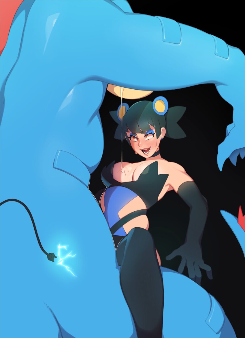 1girl absurdres animal_ears black_background black_choker black_gloves black_hair black_thighhighs blue_eyeshadow breasts brown_eyes cable choker cleavage combos_&amp;_doodles cosplay creatures_(company) elbow_gloves electricity eyeshadow feraligatr game_freak gen_2_pokemon gen_4_pokemon gloves highres implied_sex luxray luxray_(cosplay) makeup nintendo open_mouth pokemon pokemon_(creature) pokephilia saliva short_hair simple_background spread_legs sweat teeth thighhighs