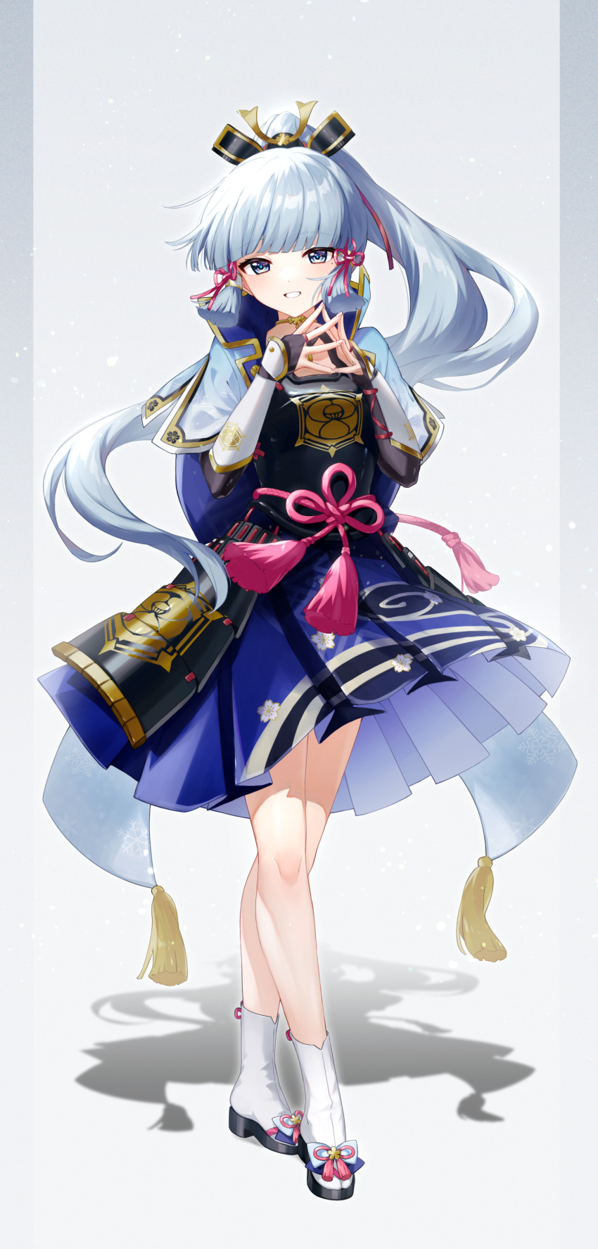 1girl absurdres arm_guards armor ayaka_(genshin_impact) blue_hair blunt_bangs blunt_tresses blush dou flower_knot genshin_impact hair_ornament hair_ribbon highres japanese_armor light_blue_hair long_hair looking_at_viewer mochimiya_(coyo) mole mole_under_eye neck_tassel ponytail ribbon simple_background socks solo tress_ribbon white_socks