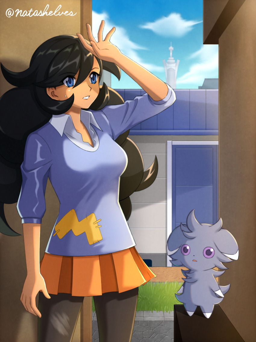 1girl absurdres arm_up black_hair blue_eyes blue_sweater breasts building cloud collared_shirt creatures_(company) day emma_(pokemon) espurr game_freak gen_6_pokemon grass highres long_hair mixed-language_commentary nintendo outdoors pantyhose pleated_skirt pokemon pokemon_(creature) pokemon_xy sherufu_(natashelves) shirt skirt sky sleeves_past_elbows sweatdrop sweater teeth