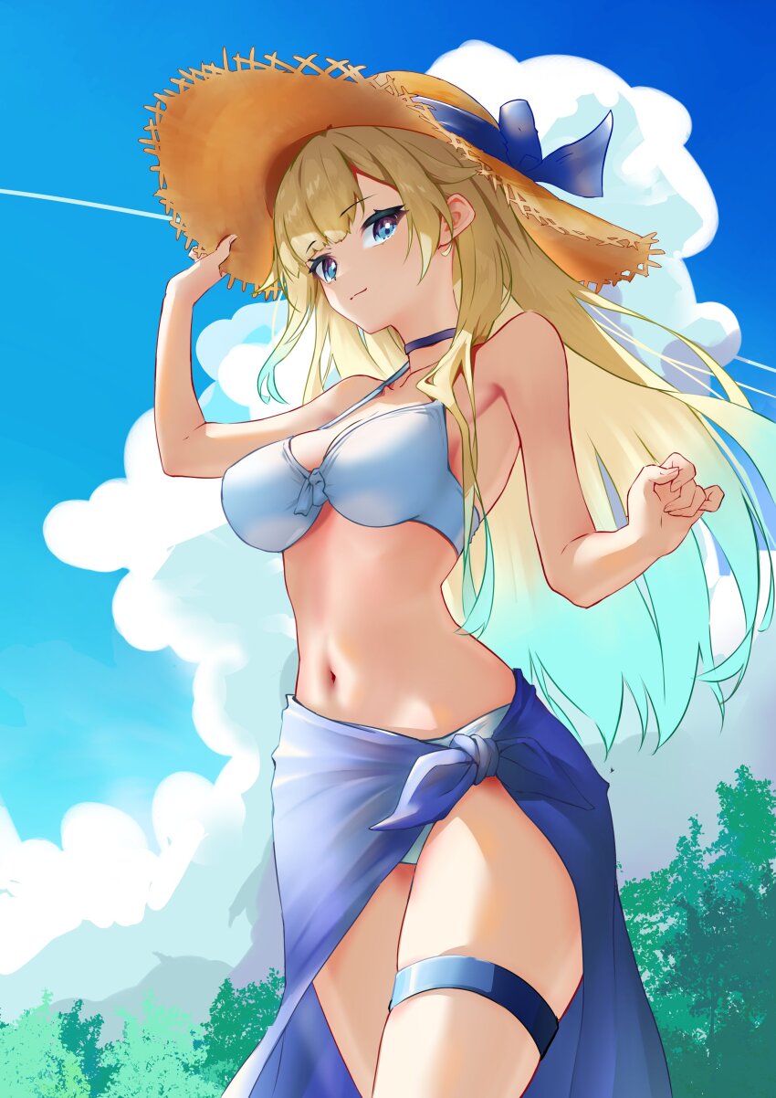 1girl absurdres aizawa_ema aqua_hair bikini blonde_hair blue_bow blue_choker blue_eyes blue_sarong bow breasts choker cloud day front-tie_bikini_top front-tie_top gradient_hair hair_flaps hand_on_headwear hat hat_bow highres large_breasts long_hair looking_at_viewer multicolored_hair navel outdoors sarong solo stomach straw_hat swimsuit thigh_strap tokonagi_yori tree very_long_hair virtual_youtuber vspo! white_bikini yellow_hat