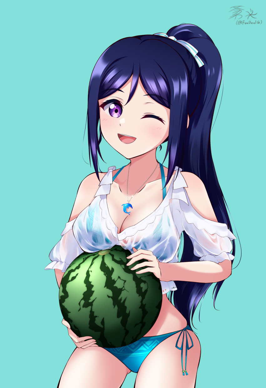 1girl birthday blue_hair fundealg long_hair looking_at_viewer love_live! love_live!_sunshine!! matsuura_kanan ponytail purple_eyes smile solo