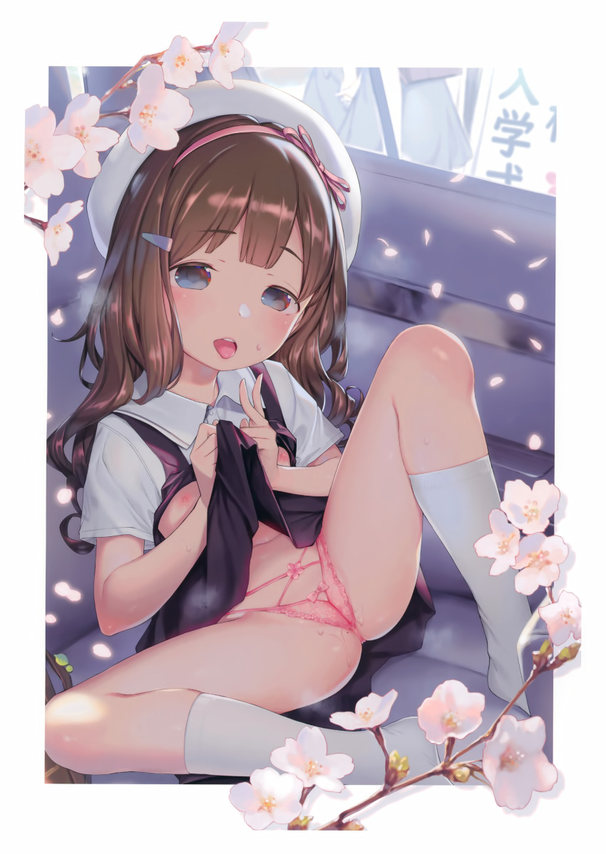 1girl absurdres blush breasts clothes_lift flat_chest henreader highres kneehighs lingerie loli lolimate panties school_uniform skirt skirt_lift small_breasts socks underwear wet wet_clothes wet_panties white_socks