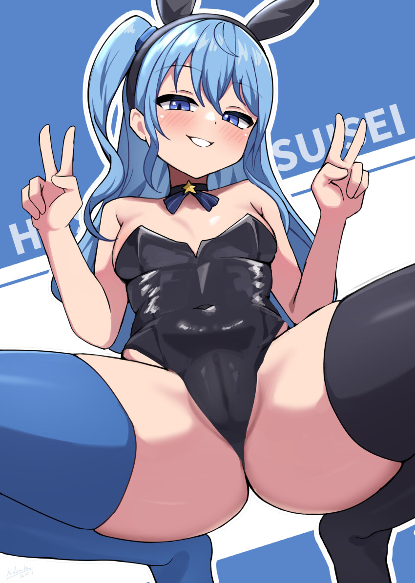 1girl alternate_costume animal_ears black_leotard blue_choker blue_eyes blue_hair blue_theme breasts character_name choker closed_mouth double_v fake_animal_ears hashira_14 highres hololive hoshimachi_suisei leotard long_hair looking_at_viewer playboy_bunny rabbit_ears ribbon_choker side_ponytail small_breasts smile solo spread_legs v virtual_youtuber