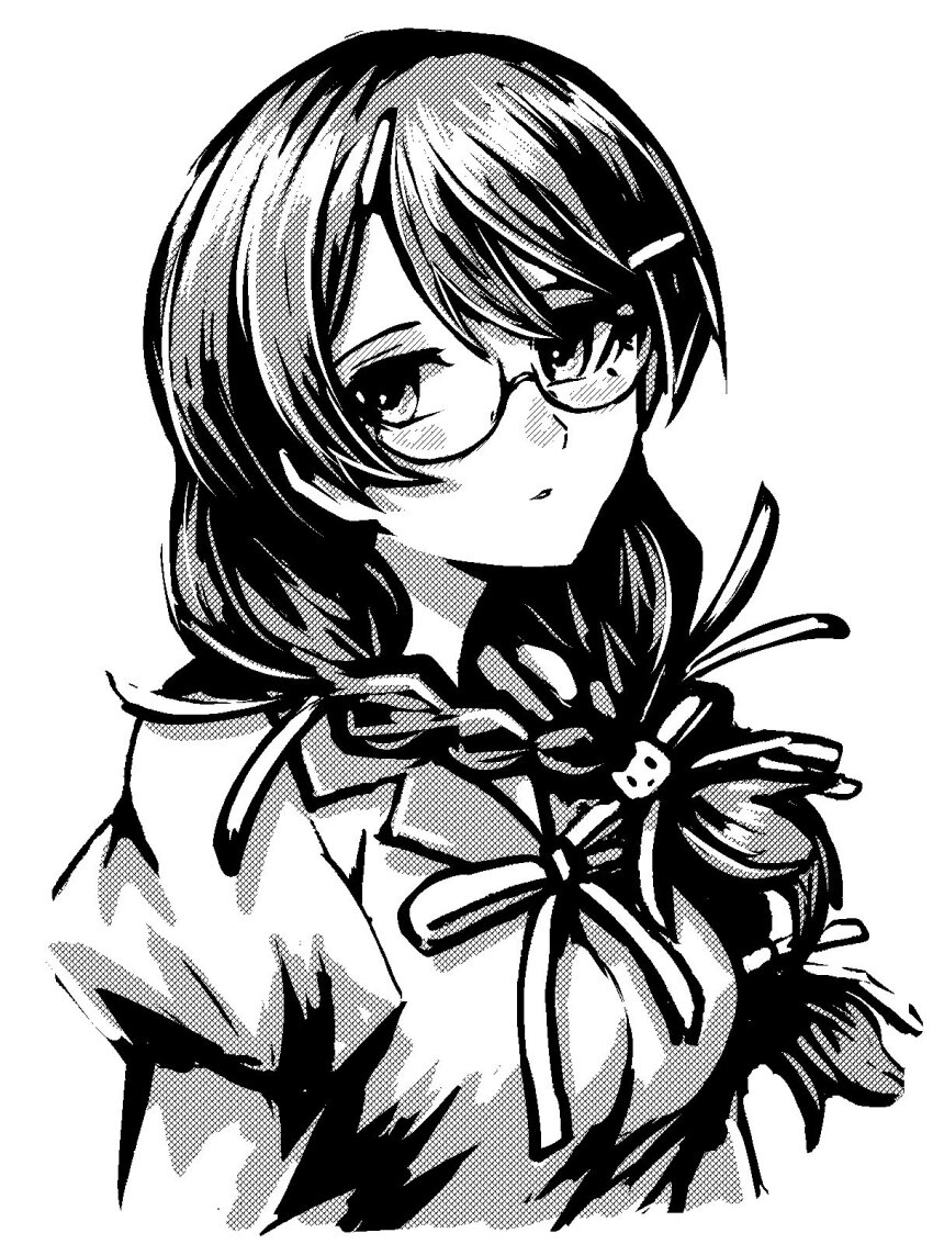 1girl bakemonogatari braid breasts cropped_torso dithering glasses greyscale hair_ornament hair_over_shoulder hairclip hanekawa_tsubasa highres large_breasts long_hair looking_at_viewer monochrome monogatari_(series) naoetsu_high_school_uniform parted_lips ribbon school_uniform semi-rimless_eyewear simple_background solo swept_bangs tsukihi_shida twin_braids under-rim_eyewear upper_body white_background