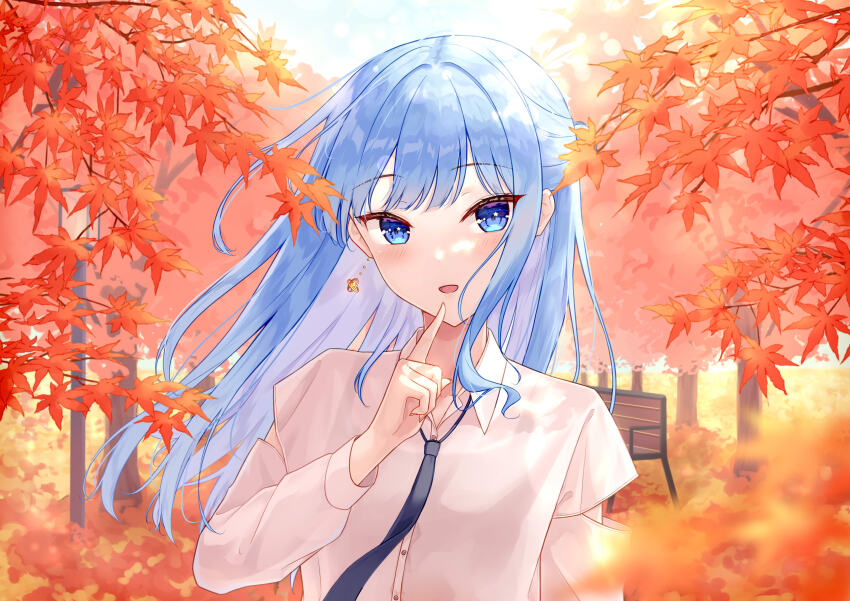 1girl absurdres arm_cutout autumn_leaves bench blue_eyes blue_hair blue_necktie blush collarbone collared_shirt commentary dot_nose dress_shirt earrings hand_up highres hololive hoshimachi_suisei jewelry lamppost leaf long_hair looking_at_viewer loose_necktie necktie open_mouth outdoors park_bench rieatco shirt sidelocks solo star_(symbol) star_in_eye symbol_in_eye upper_body virtual_youtuber white_shirt