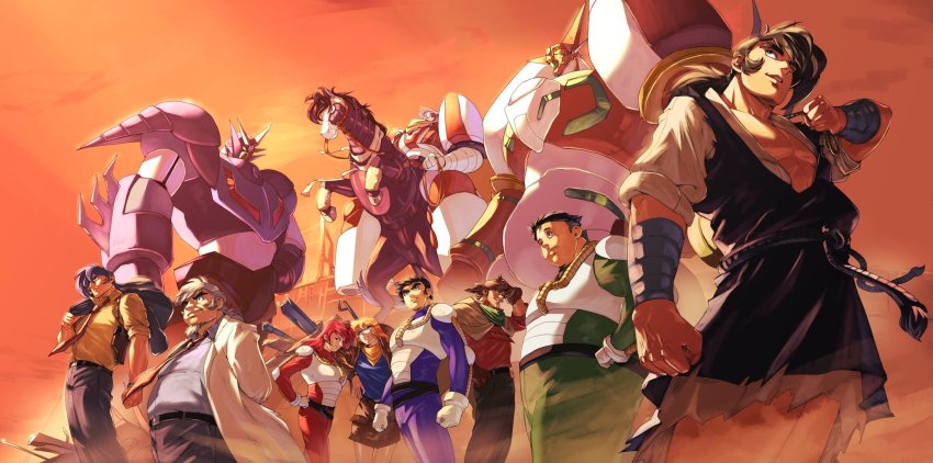 2girls 6+boys black_hair blonde_hair blue_eyes coat cowboy_hat everyone fat fat_man getter_robo grey_hair hat highres ichimonji_gou jack_king jin_hayato lab_coat looking_ahead mary_king masamichi_gai mecha multiple_boys multiple_girls nagare_ryoma neo_getter-1 pasture_king pilot_suit professor_saotome robot science_fiction shin_getter-1 shin_getter_robo_vs_neo_getter_robo short_hair smile super_robot tachibana_shou texas_mack undercut vldhomecenter white_coat