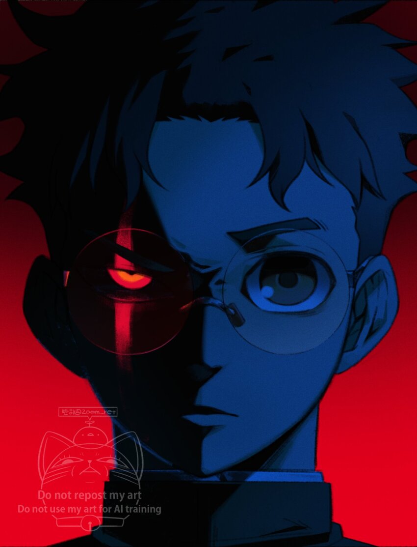 1boy alternate_form dandadan facial_mark glasses highres male_focus red_eyes round_eyewear shadow signature solo takakura_ken_(dandadan) transformation zoom_ret