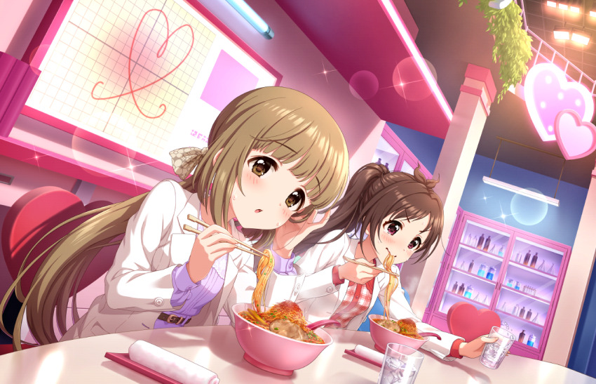 2girls antenna_hair blunt_bangs blush brown_hair chopsticks coat cup dutch_angle eating food heart holding holding_chopsticks holding_cup idolmaster idolmaster_cinderella_girls idolmaster_cinderella_girls_starlight_stage lab_coat looking_at_viewer multiple_girls noodles official_art ponytail ramen sitting sweat tsujino_akari white_coat yorita_yoshino