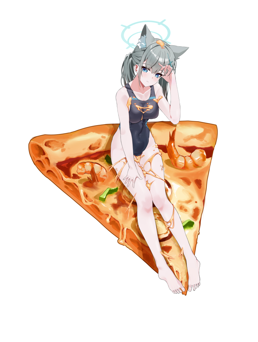 1girl absurdres animal_ear_fluff animal_ears bare_legs barefoot black_one-piece_swimsuit blue_archive blue_eyes blue_halo blush breasts closed_mouth collarbone covered_navel cross cross_hair_ornament extra_ears food full_body gang_shi_shao_e_fan grey_hair hair_ornament halo hand_on_own_thigh hand_up highres inverted_cross looking_at_viewer medium_breasts mismatched_pupils official_alternate_costume official_alternate_hairstyle one-piece_swimsuit pizza shiroko_(blue_archive) shiroko_(swimsuit)_(blue_archive) short_hair short_ponytail shrimp simple_background sitting_on_food smile solo swimsuit thighs toes white_background wolf_ears wolf_girl