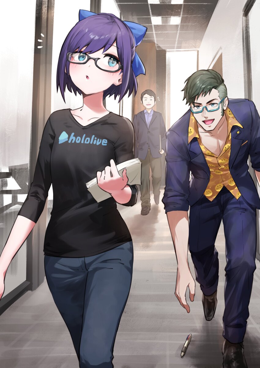 1girl 2boys :d a-chan_(1st_costume)_(hololive) a-chan_(hololive) absurdres black_hair black_shirt blue_bow blue_eyes blue_jacket blue_pants bow commentary_request daidou_shinove glasses green_hair hair_bow highres holding hololive holostars indoors jacket long_sleeves multiple_boys nemoto_yuuma notice_lines open_clothes open_jacket open_mouth pants parted_lips pen print_shirt purple_eyes revision shirt shoes smile virtual_youtuber walking yagoo yellow_shirt