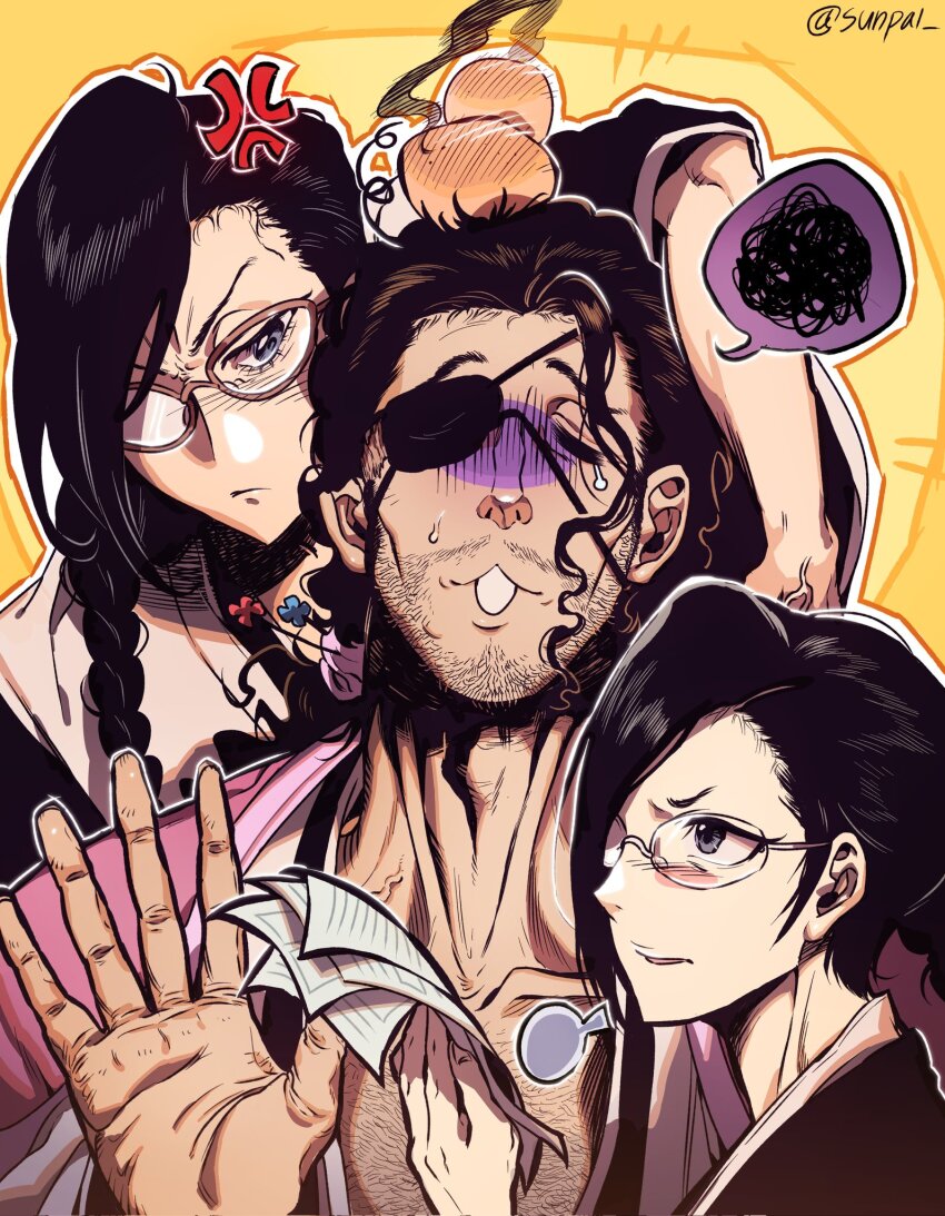 1boy 2girls :3 anger_vein angry black_hair bleach bleach:_epilogue braid braided_ponytail chest_hair closed_eyes closed_mouth commentary_request eyebrows_hidden_by_hair eyepatch facial_hair facing_viewer frown girl_sandwich glasses grey_eyes hair_between_eyes hand_up haori head_bump highres holding holding_paper ise_nanao japanese_clothes korean_commentary kyouraku_shunsui long_hair looking_at_another low_ponytail mature_male multiple_girls nose one_eye_covered outstretched_hand paper parted_lips pink-framed_eyewear ponytail portrait puff_of_air sandwiched shaded_face simple_background speech_bubble spoken_squiggle squiggle stubble sunpal taichou_haori tears twitter_username upturned_eyes v-shaped_eyebrows yadoumaru_lisa yellow_background