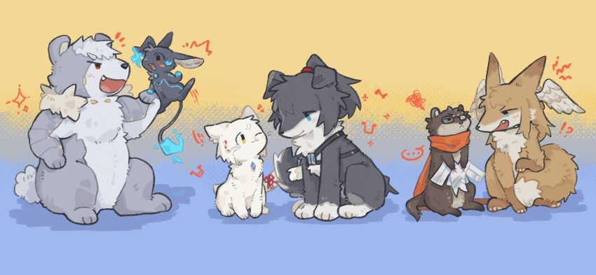 3boys 3girls animalization bear cat chest_jewel dog eunie_(xenoblade) fox glasses head_wings highres lanz_(xenoblade) mio_(xenoblade) multiple_boys multiple_girls nintendo noah_(xenoblade) otter scarf sena_(xenoblade) taion_(xenoblade) tutai wings xenoblade_chronicles_(series) xenoblade_chronicles_3